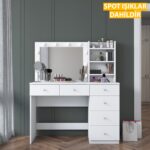 Rani BJ127 Hollywood Işıklı Aynalı Kulis Makyaj Masası 6 Çekmeceli Takı Düzenleyici Beyaz - Görsel 5