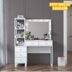 Rani BJ128 Hollywood Işıklı Aynalı Kulis Makyaj Masası 5 Çekmeceli Raflı Takı Düzenleyici Beyaz - Görsel 3