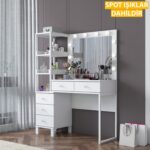 Rani BJ128 Hollywood Işıklı Aynalı Kulis Makyaj Masası 5 Çekmeceli Raflı Takı Düzenleyici Beyaz - Görsel 4