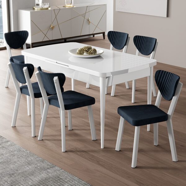 Canisa Exve Serisi 80 x 132 Açılabilir Beyaz Masa Takımı ve 6 Antrasit Sandalye