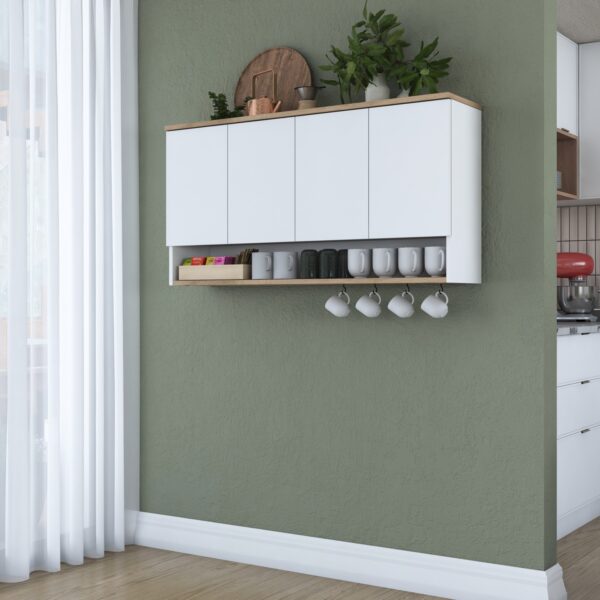 Rani JE198 Kahve Köşesi Çok Amaçlı Dolap Üst Modül Mutfak Rafı Beyaz - Sepet Ceviz