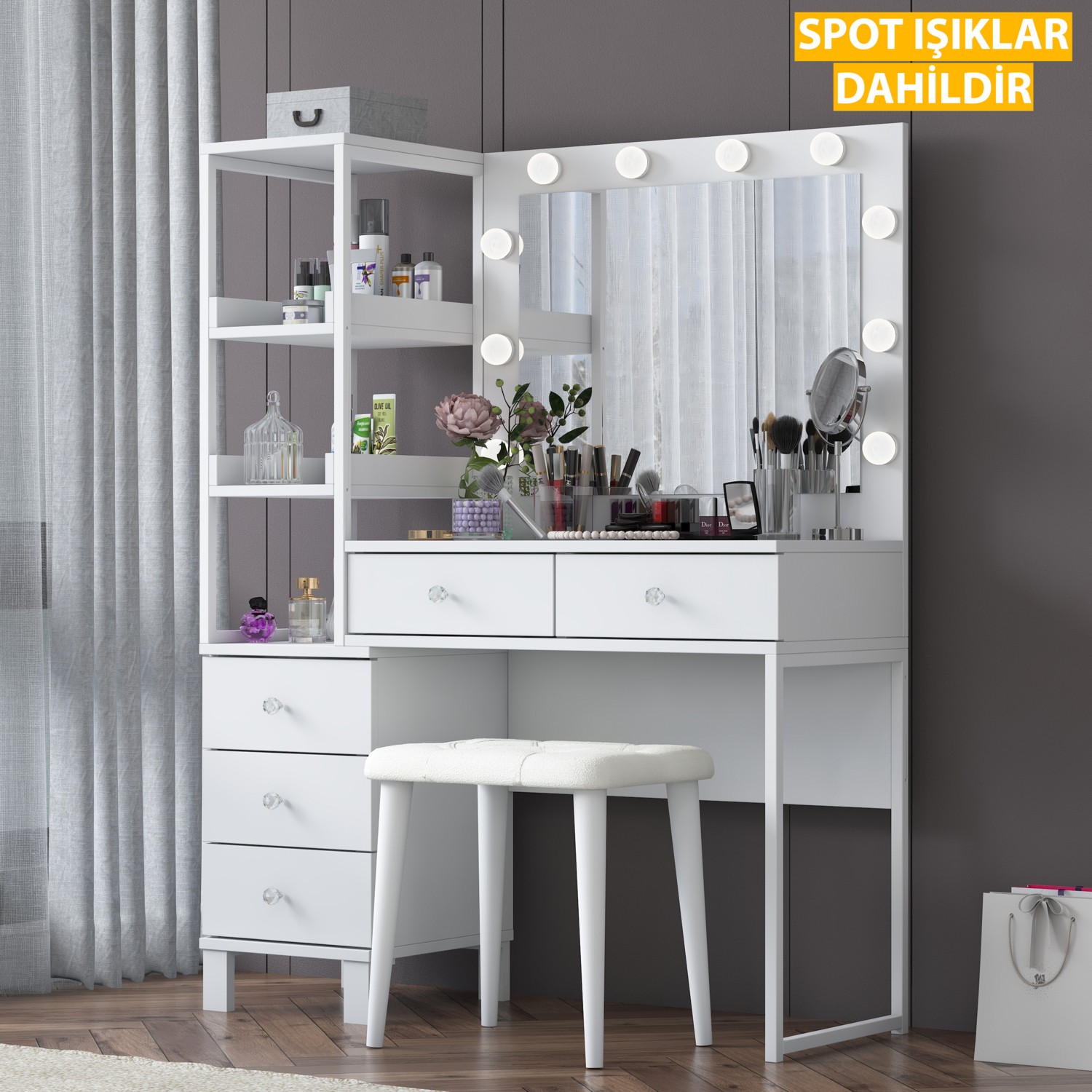 110000925753434.jpg Rani BJ155 Makyaj Masası 5 Çekmeceli Raflı Işıklı Aynalı Takı Düzenleyici Puf Takım Beyaz - Görsel 1