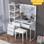 Rani BJ155 Makyaj Masası 5 Çekmeceli Raflı Işıklı Aynalı Takı Düzenleyici Puf Takım Beyaz - Görsel 3