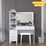 Rani BJ155 Makyaj Masası 5 Çekmeceli Raflı Işıklı Aynalı Takı Düzenleyici Puf Takım Beyaz - Görsel 4