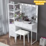 Rani BJ155 Makyaj Masası 5 Çekmeceli Raflı Işıklı Aynalı Takı Düzenleyici Puf Takım Beyaz - Görsel 5