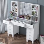 Rani BJ136 Makyaj Masası Cam Tablalı 11 Çekmeceli Raflı Aynalı Takı Düzenleyici Beyaz