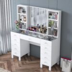 Rani BJ136 Makyaj Masası Cam Tablalı 11 Çekmeceli Raflı Aynalı Takı Düzenleyici Beyaz - Görsel 4