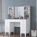 Rani BJ136 Makyaj Masası Cam Tablalı 11 Çekmeceli Raflı Aynalı Takı Düzenleyici Beyaz - Görsel 5