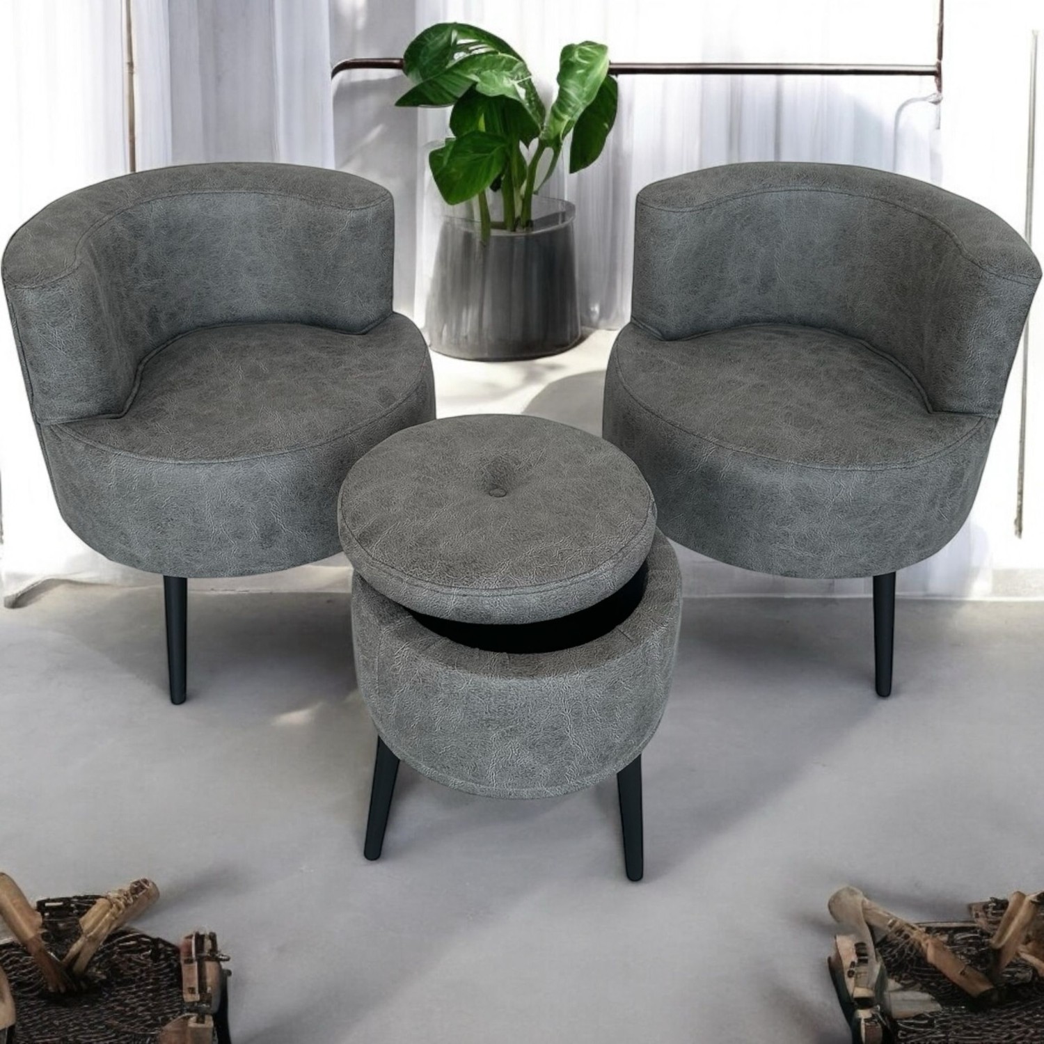 110000944114474.jpg Gri Nubuk Kumaş Çay Seti Ikili Koltuk Berjer ve Sandık Puf Takımı (Salon, Balkon, Ofis) 3'lü Takım - Görsel 1