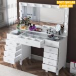 Rani BJ137 Hollywood Işıklı Aynalı Kulis Makyaj Masası Cam Tablalı 11 Çekmeceli Takı Düzenleyici Beyaz