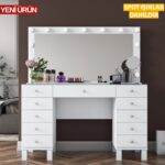 Rani BJ137 Hollywood Işıklı Aynalı Kulis Makyaj Masası Cam Tablalı 11 Çekmeceli Takı Düzenleyici Beyaz - Görsel 3