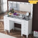 Rani BJ137 Hollywood Işıklı Aynalı Kulis Makyaj Masası Cam Tablalı 11 Çekmeceli Takı Düzenleyici Beyaz - Görsel 4