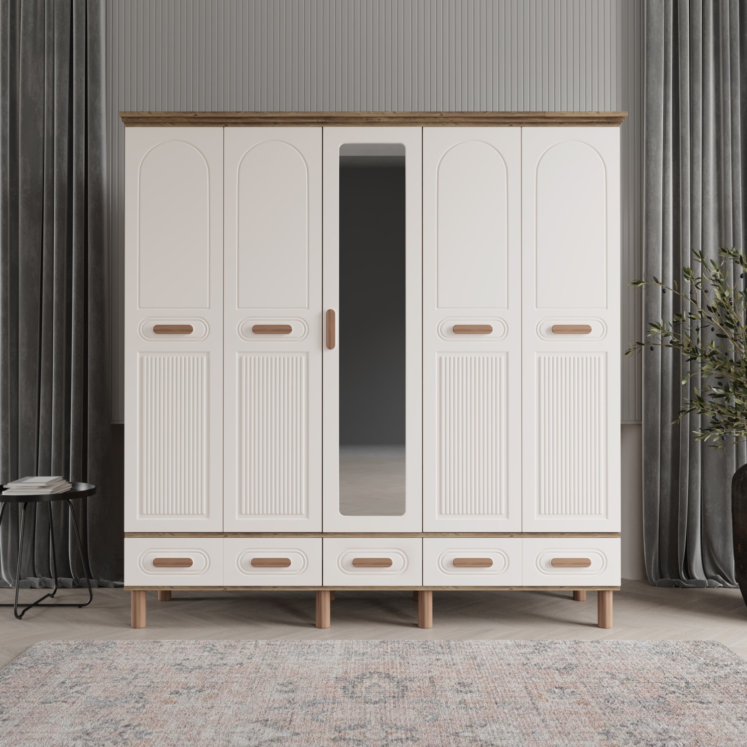 110000949582729.jpg Comiet Pera 5 Kapaklı Aynalı Çekmeceli Mdf Gardırop - Görsel 1