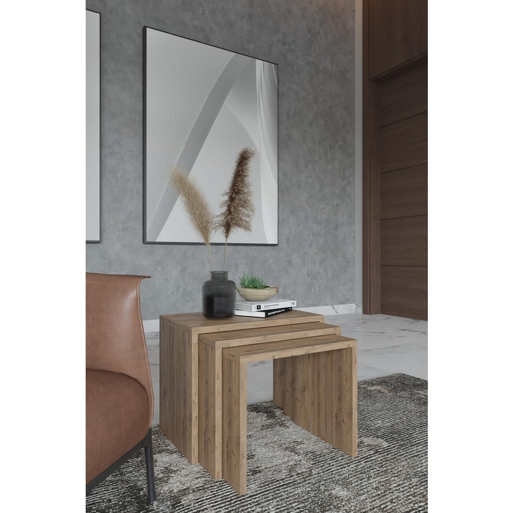 110000955667388.jpg Wood Aria Puzzle Zigon Sehpa, 3lü Zigon Sehpa, Yan Sehpa, Oturma Odası - Görsel 1