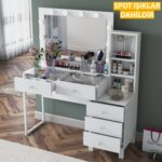 Rani BJ151 Hollywood Işıklı Aynalı Kulis Makyaj Masası Cam Tablalı 5 Çekmeceli Takı Düzenleyici Beyaz