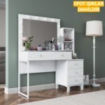 Rani BJ151 Hollywood Işıklı Aynalı Kulis Makyaj Masası Cam Tablalı 5 Çekmeceli Takı Düzenleyici Beyaz - Görsel 4