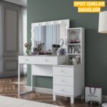 Rani BJ151 Hollywood Işıklı Aynalı Kulis Makyaj Masası Cam Tablalı 5 Çekmeceli Takı Düzenleyici Beyaz - Görsel 5