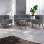 Gri Teddy Kumaş Çay Seti Ikili Koltuk Berjer ve Çift Kişilik Puf  (Salon, Balkon, Ofis) 4'lü Takım