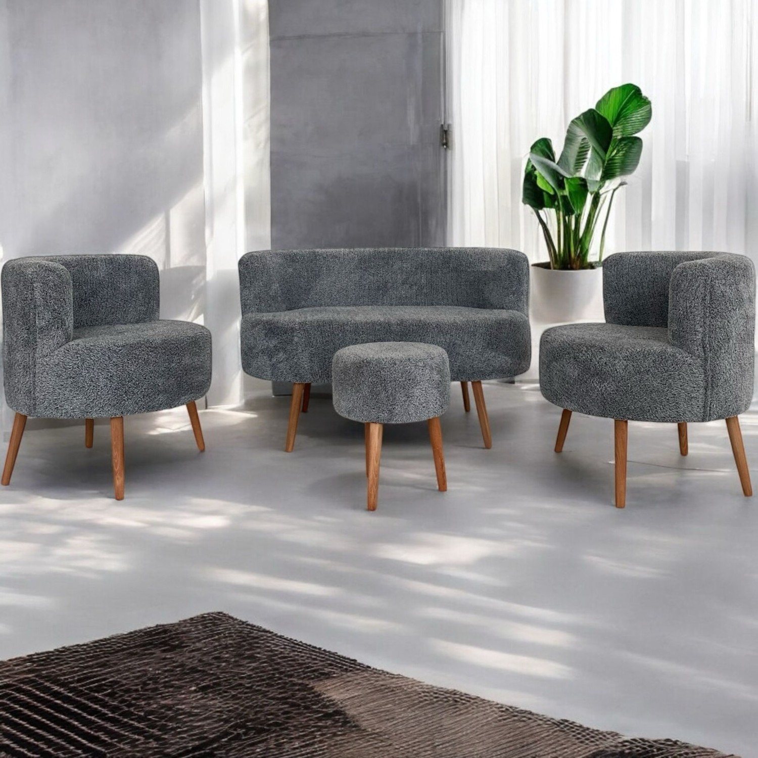 110000961696511.jpg Gri Teddy Kumaş Çay Seti Ikili Koltuk Berjer ve Çift Kişilik Puf (Salon, Balkon, Ofis) 4'lü Takım - Görsel 1