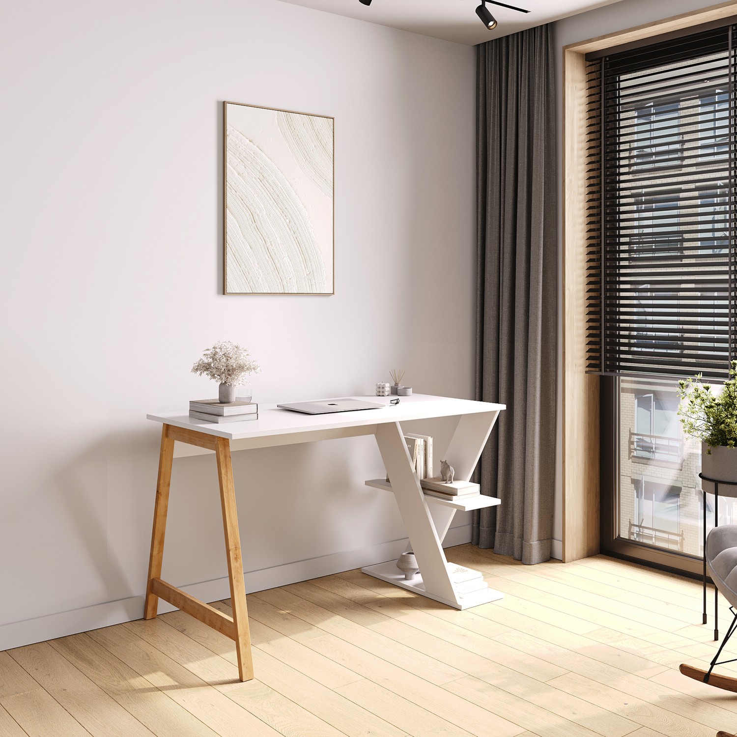 110000962768314.jpg Lagomood Olivia Çalışma Masası 120 cm Beyaz Meşe - Görsel 1