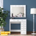 Rani BJ115 Hollywood Işıklı Aynalı Kulis Makyaj Masası 7 Çekmeceli Takı Düzenleyici Beyaz - Görsel 3