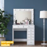 Rani BJ115 Hollywood Işıklı Aynalı Kulis Makyaj Masası 7 Çekmeceli Takı Düzenleyici Beyaz - Görsel 5