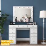 Rani BJ118 Hollywood Işıklı Aynalı Kulis Makyaj Masası Cam Tablalı 13 Çekmeceli Takı Düzenleyici Beyaz - Görsel 3