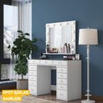 Rani BJ118 Hollywood Işıklı Aynalı Kulis Makyaj Masası Cam Tablalı 13 Çekmeceli Takı Düzenleyici Beyaz - Görsel 4