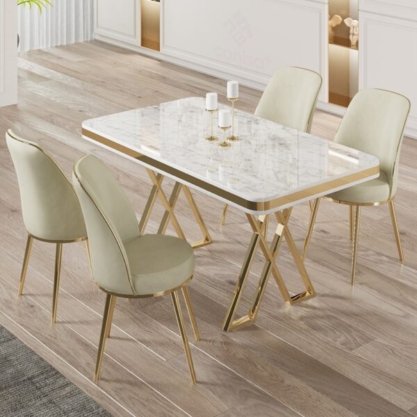 Canisa Vals Serisi 80 x 130 Lak Panel Beyaz Mermer Desen Gold Ayak Masa Takımı ve 4 Krem Sandalye