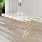 Canisa Vals Serisi 80 x 130 Lak Panel Beyaz Mermer Desen Gold Ayak Masa Takımı ve 4 Krem Sandalye - Görsel 2