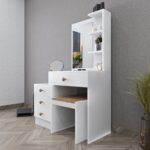 Smart Mobilya Bohem Çekmeceli Raflı Aynalı Puflu  Makyaj Masası - Beyaz