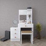 Smart Mobilya Bohem Çekmeceli Raflı Aynalı Puflu  Makyaj Masası - Beyaz - Görsel 3