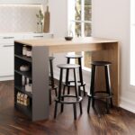 Bimossa Pablo L4920 Bar Masası 120  cm  Sepet Ahşap Beyaz 4 Raflı Açık Depolamalı Oturmalı Modern Mutfak Masası