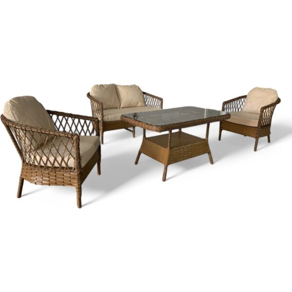 Monalin Mobilya Miami 4 Kişilik(2-1-1-Masa) Rattan Örgü Bahçe & Balkon & Teras Oturma Grubu Minderli & Camlı & Masalı Takım