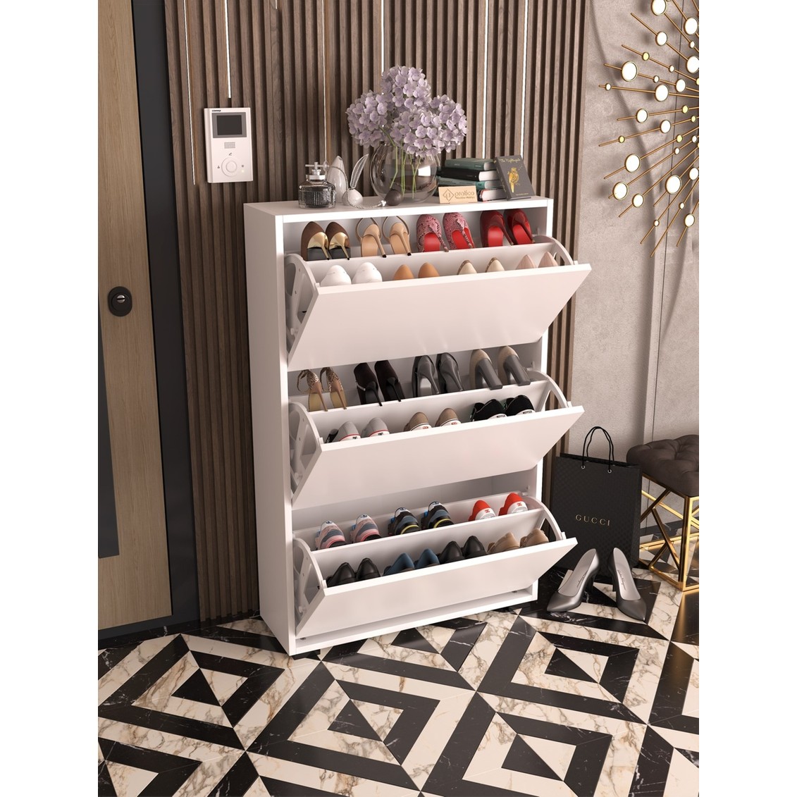 110001005792013.jpg Skeche Düşer Kapak Ayakkabılık Raflı Ayakkabılık 3 Bölmeli Ayakkabılık Beyaz - Görsel 1