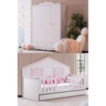 Poli Çocuk Odası Takımı, Poli Yavrulu Karyola, Flower 3 Kapaklı Dolap - Pembe