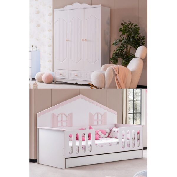 Poli Çocuk Odası Takımı, Poli Yavrulu Karyola, Flower 3 Kapaklı Dolap - Pembe