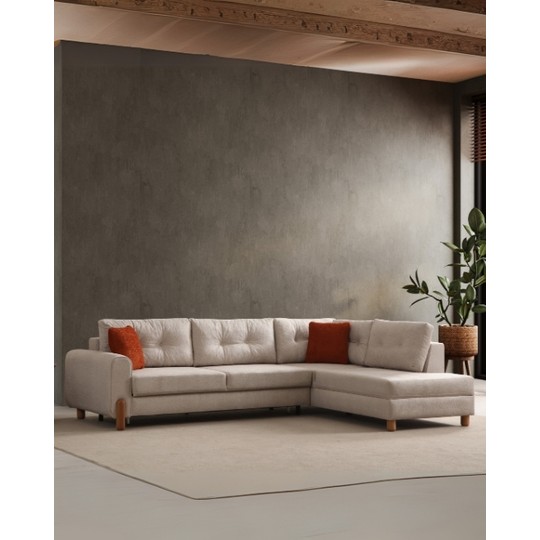 Velura Home & Living Rivaldu Köşe Takımı & Mekanizmalı Köşe Koltuk - Krem Keten Kumaş