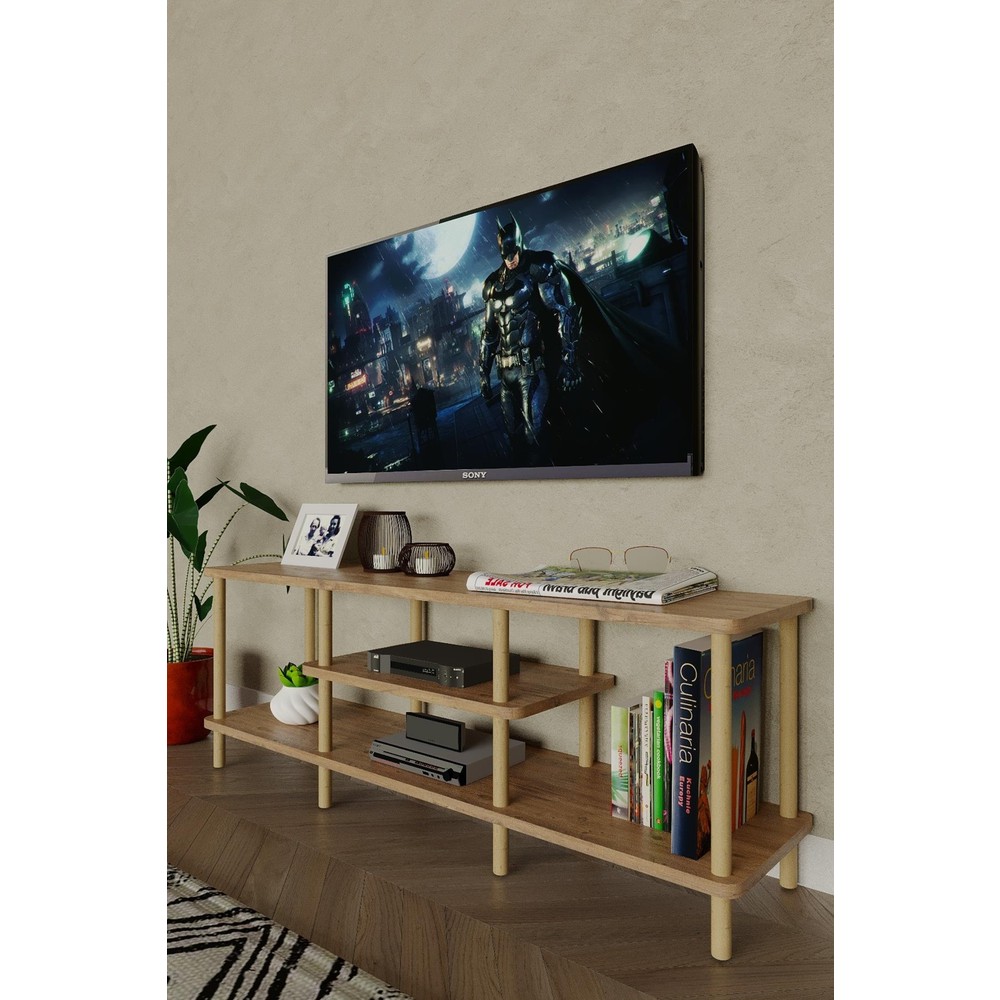 110001035681470.jpg Ahşap Tv Ünitesi – 120 cm – 3 Katlı Açık Raflı Televizyon Sehpası – 30X43X120 cm - Görsel 1