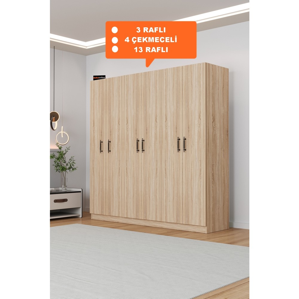 110001043430303.jpg AE-2115 Kale Sonomo Gardırop 6 Kapaklı, 4 Çekmeceli, 3 Askılıklı, 13 Raflı Dolap - Görsel 1