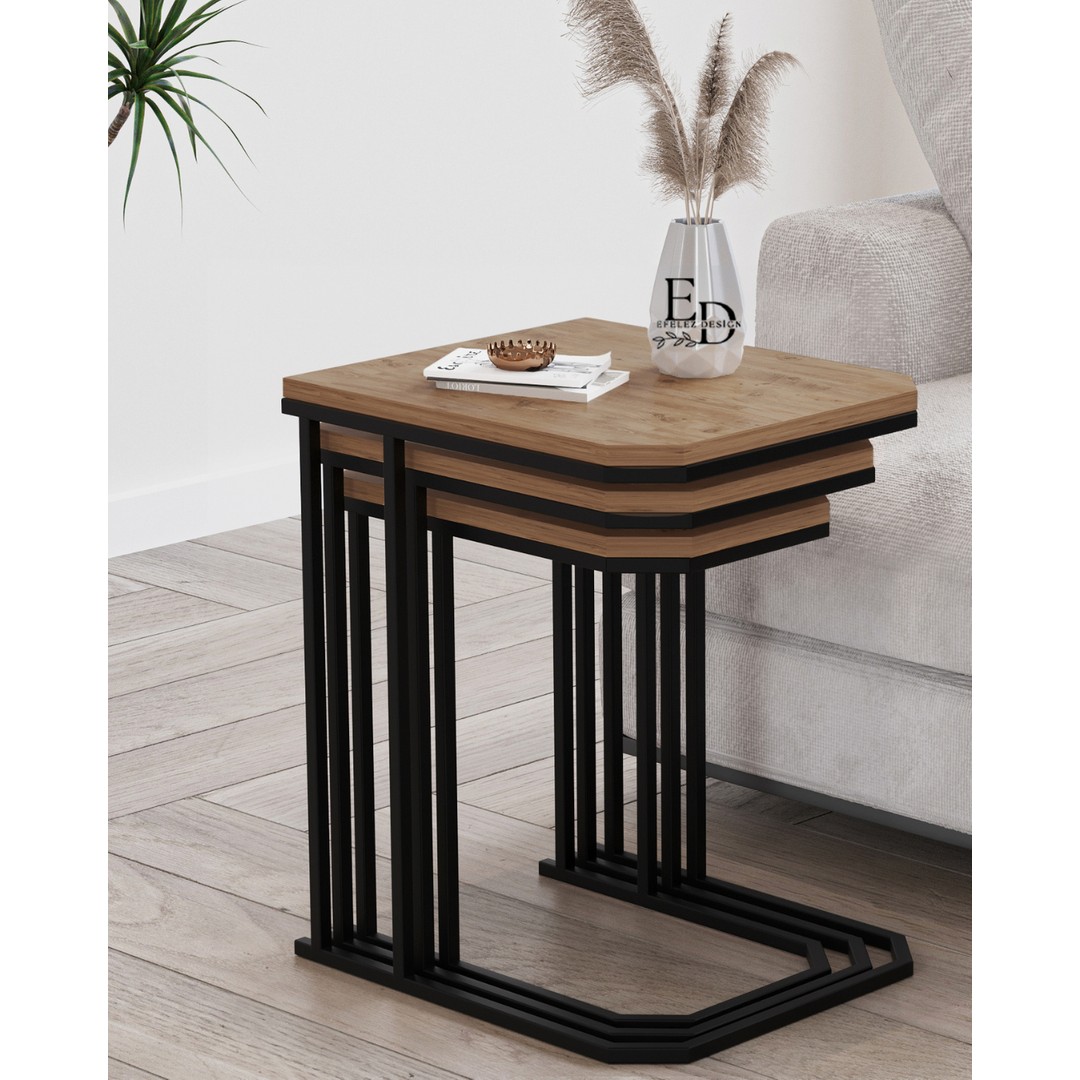 110001049018166.jpg Lyon 3'lü C Zigon Sehpa Siyah Metal - Atlantik Çam Tabla - Görsel 1