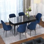 Canisa Concept Via Serisi Açılabilir Mutfak Masa Takımı- Siyah Mermer Desen Masa+6 Adet Sandalye