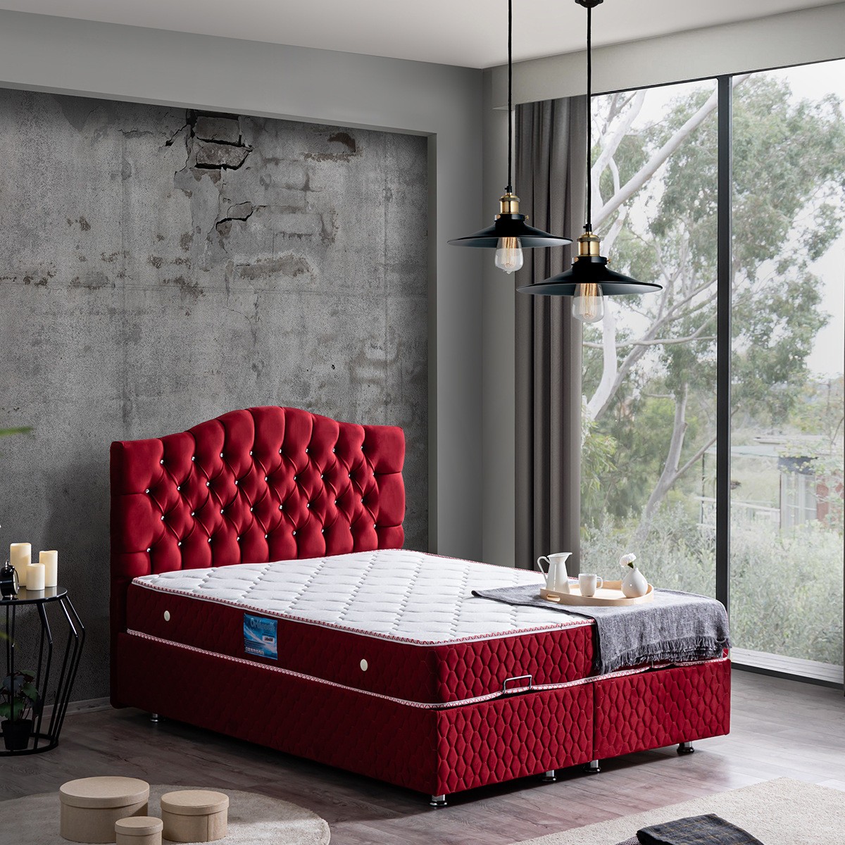 11232309248050.jpg Setay Zümrüt Çift Kişilik Baza Başlık Orthosoft Yatak Seti - Bordo - Görsel 1