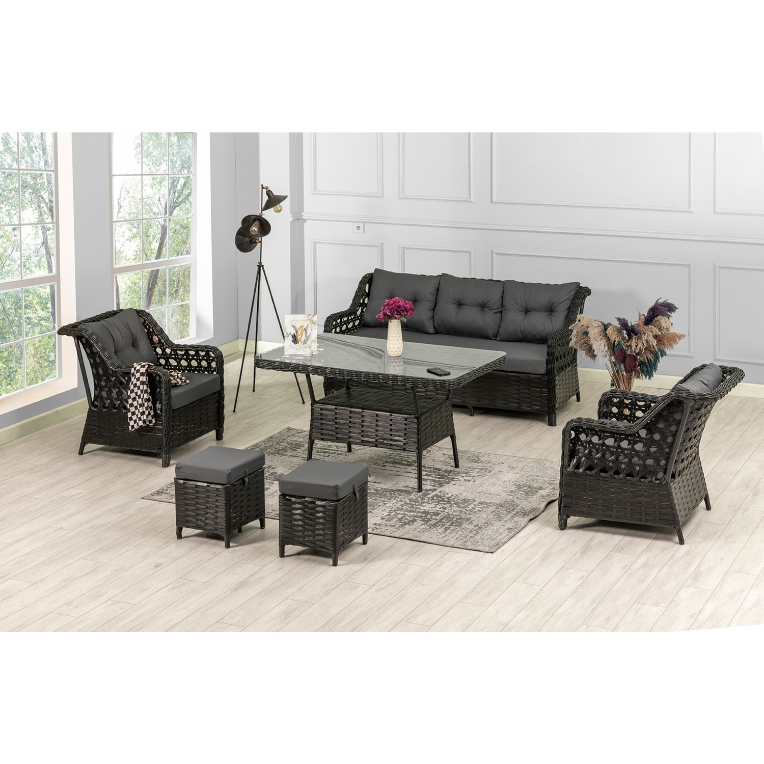 110000908327573.jpg Btk Concept Datça Rattan Bahçe Mobilyası 3+1+1 Antrasit/masalı - Görsel 1